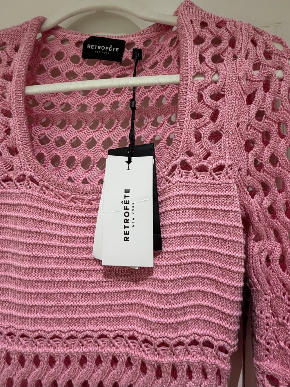 Retrofete Pink Crochet Knit Long-Sleeve Midi Dress size small stretchy - Picture 2 of 5